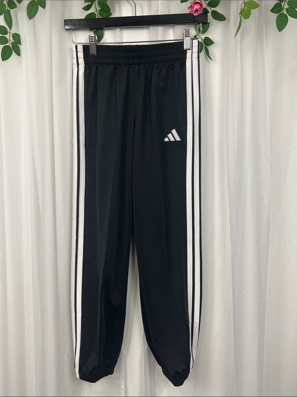 Adidas Youth Tricot Jogger M Black White Leg Stripes Pockets  Drawstring NWT